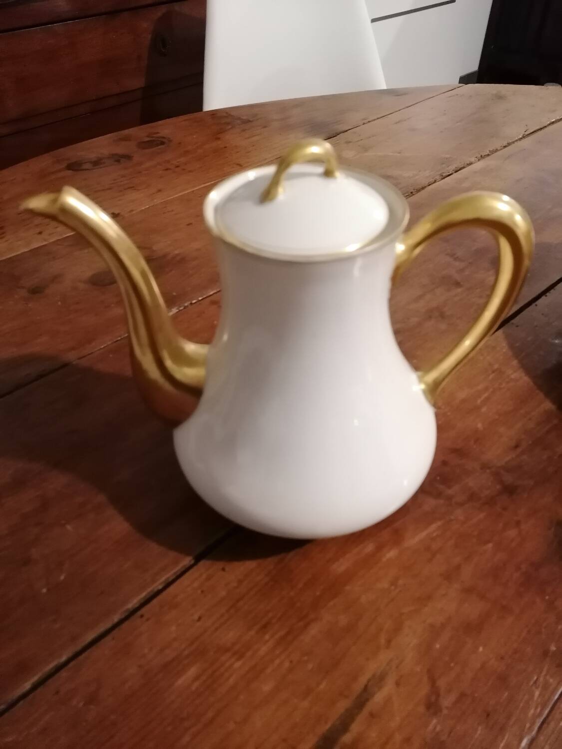 Old white and gold Limoges porcelain coffee maker