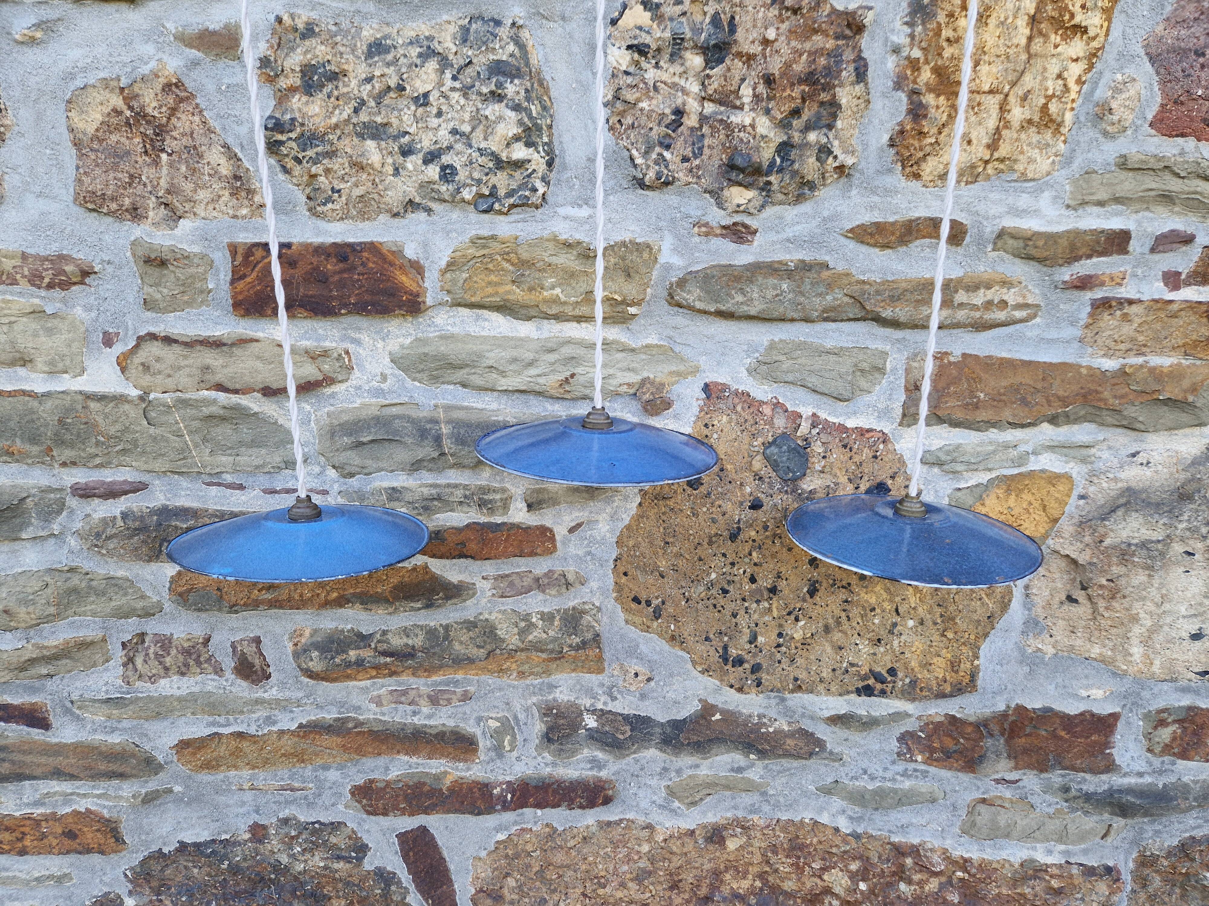 Set of 3 industrial pendant lights in blue enamelled sheet metal