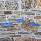 Set of 3 industrial pendant lights in blue enamelled sheet metal
