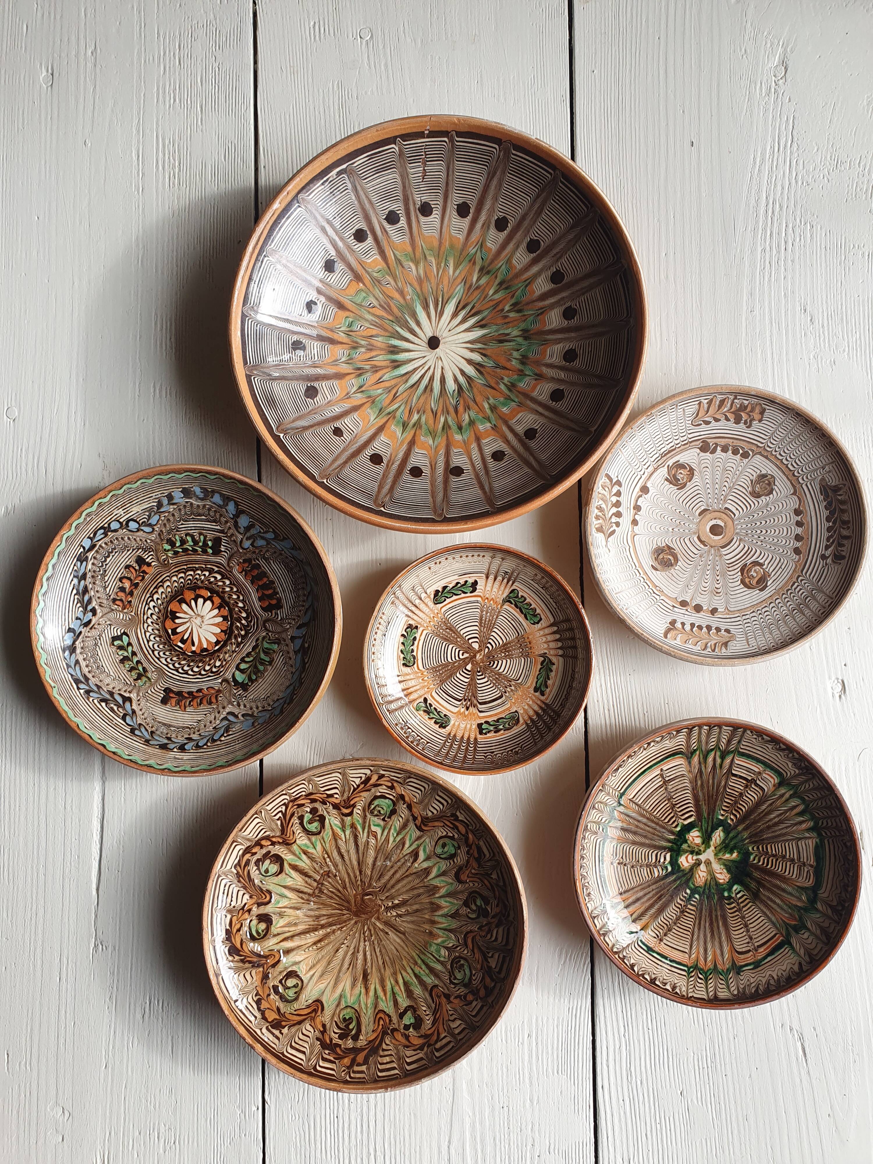 6 handmade ceramic plates Romania slavic vintage wall or table