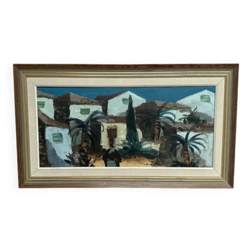Large Original Swedish Oil on Canvas - 'Southern Europe Street' by Tage Gavik - Signed - Vintage and Framed - 85 × 48.5 cm (33.5" × 19.1")