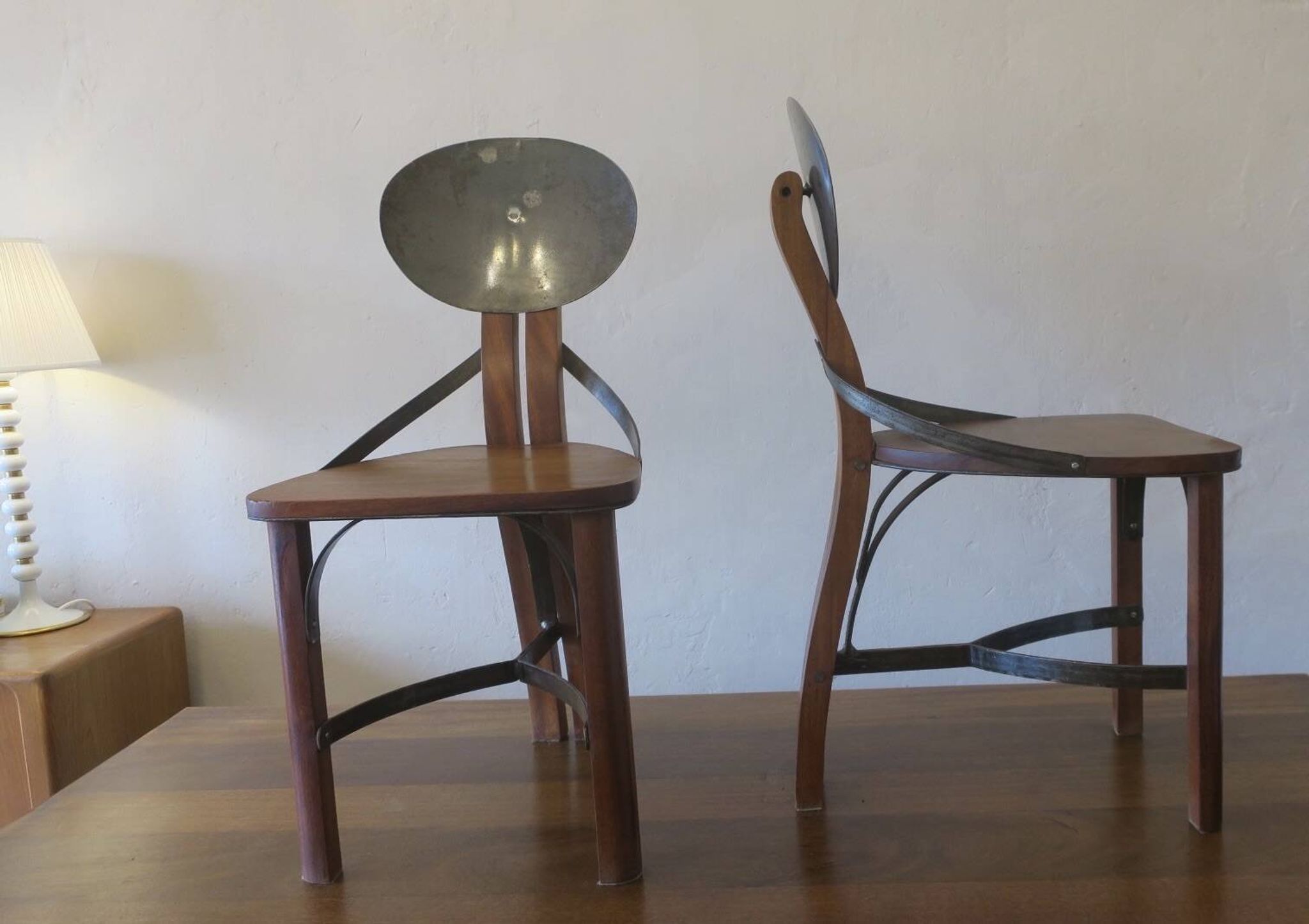 Brutalist 6 chairs and dining table in teak and patinated steel, 1960s