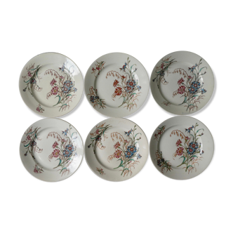 Set of 6 flat plates Luneville, blueberry décor, 1900