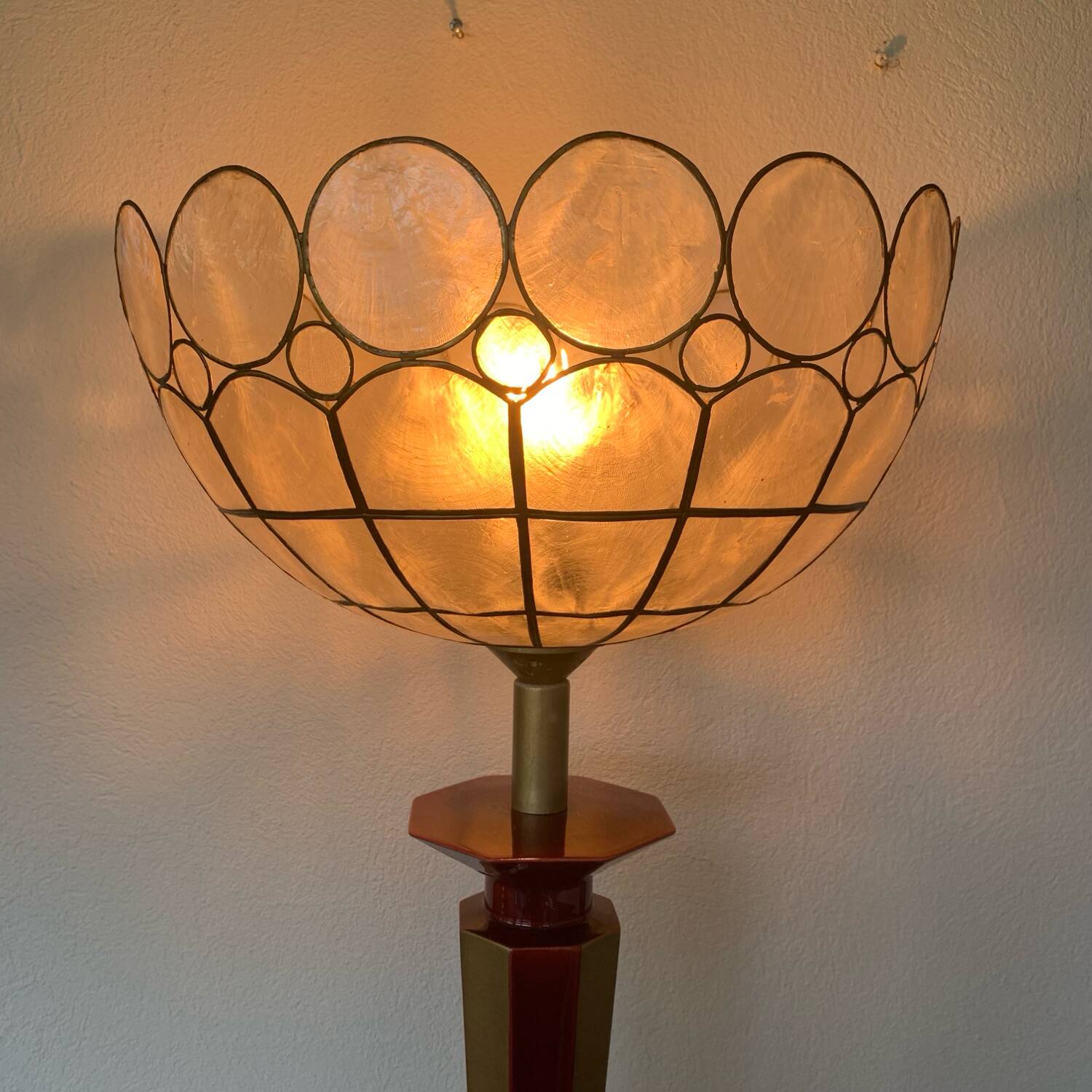 ▪️Vintage Lamp Le Dauphin Ceramic Bordeaux and Gold and Mother-of-pearl Lampshade Art Deco