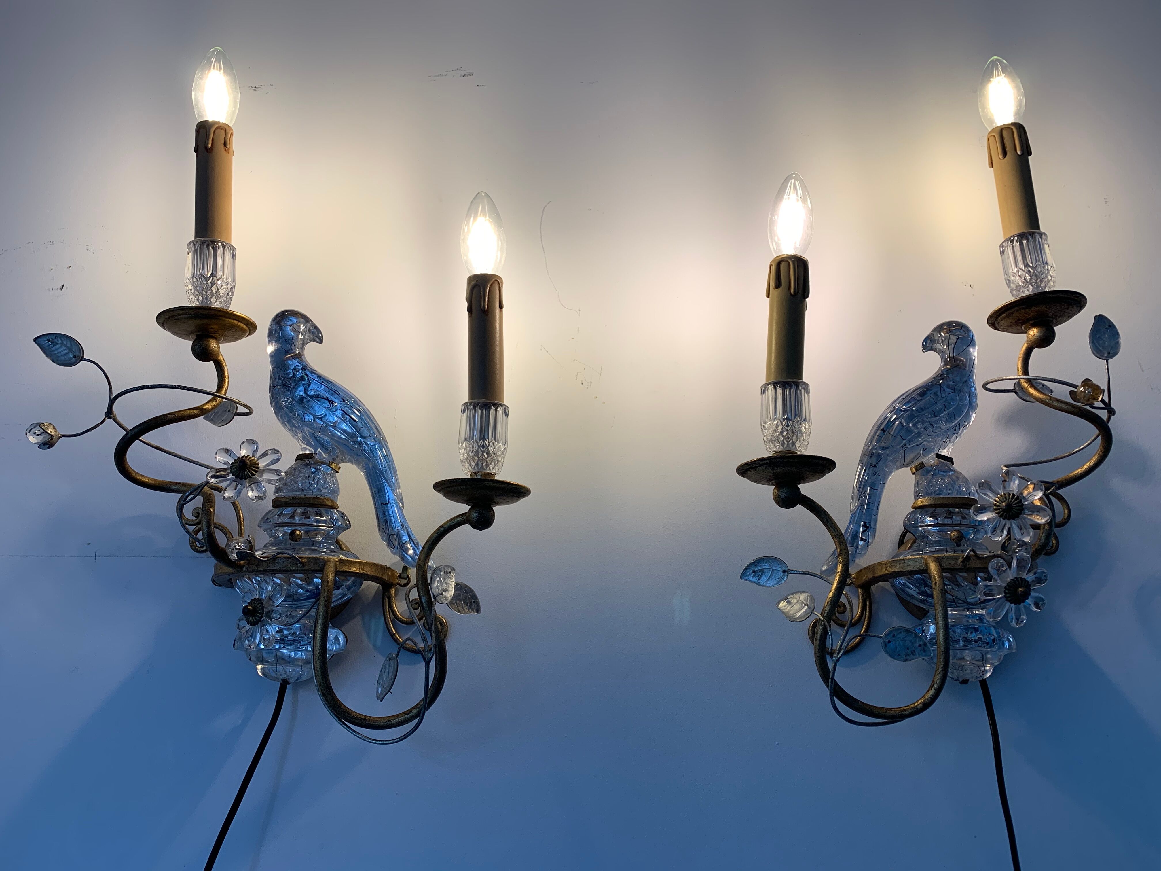 Pair of parrot crystal or parakeet wall sconces Maison Baguès 1950