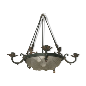 Art deco suspension chandelier, glass cathlete, signed J.Mouynet