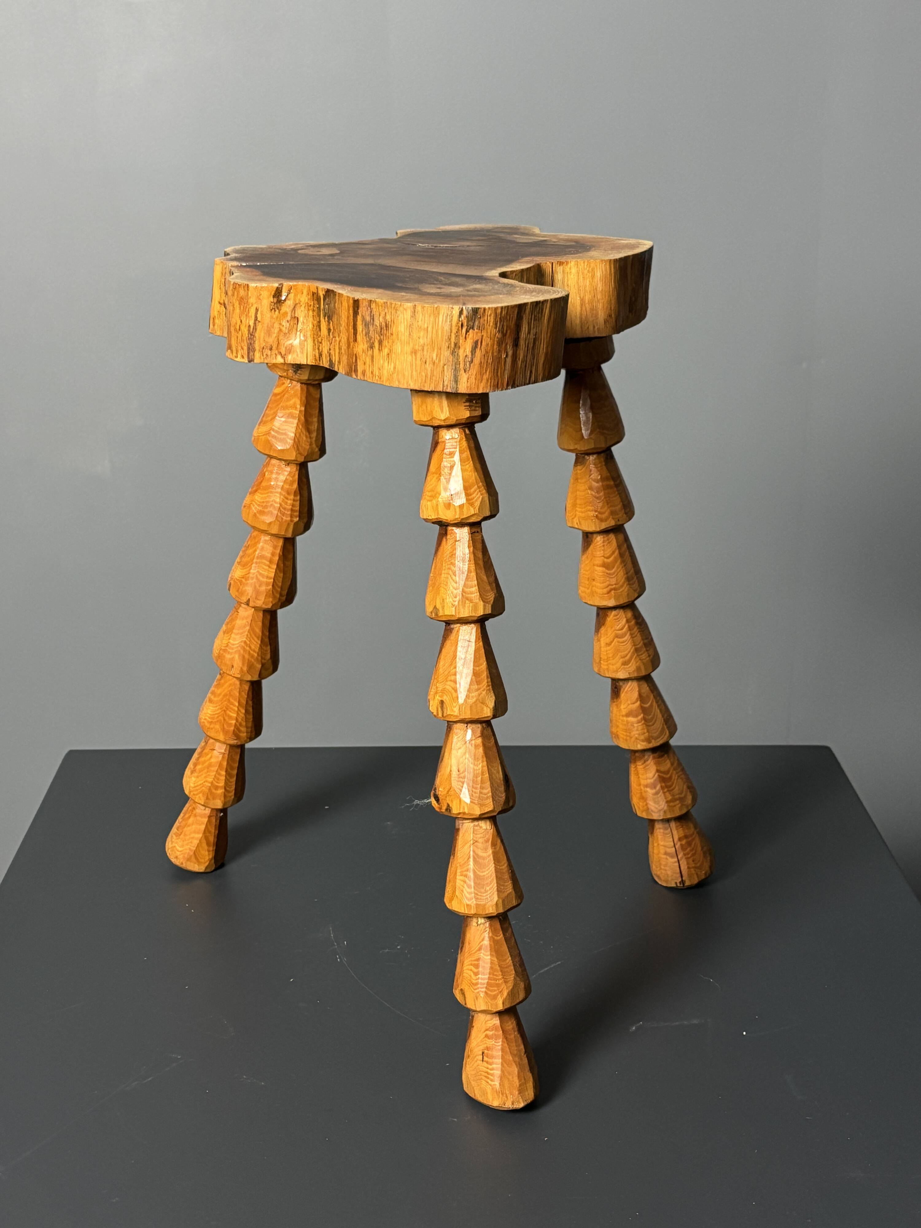 Midcentury brutalist artisanal wood turned handmade tripod stool, ca 1960s