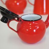 Set pichet & théière en métal émaillé orange et noir 1950s, set de 4