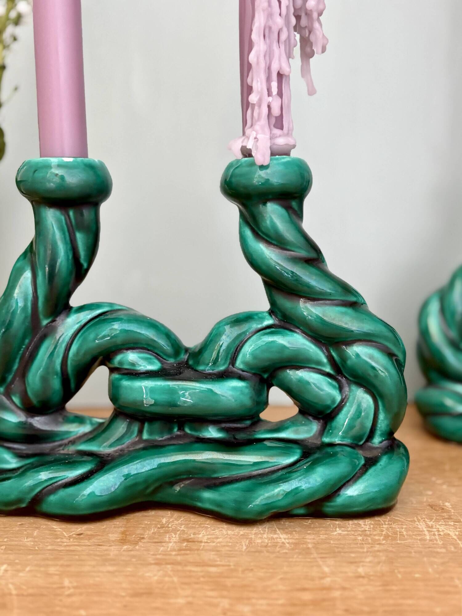 Pair of vintage green ceramic candlesticks signed Hubert Pernin, Vallauris.