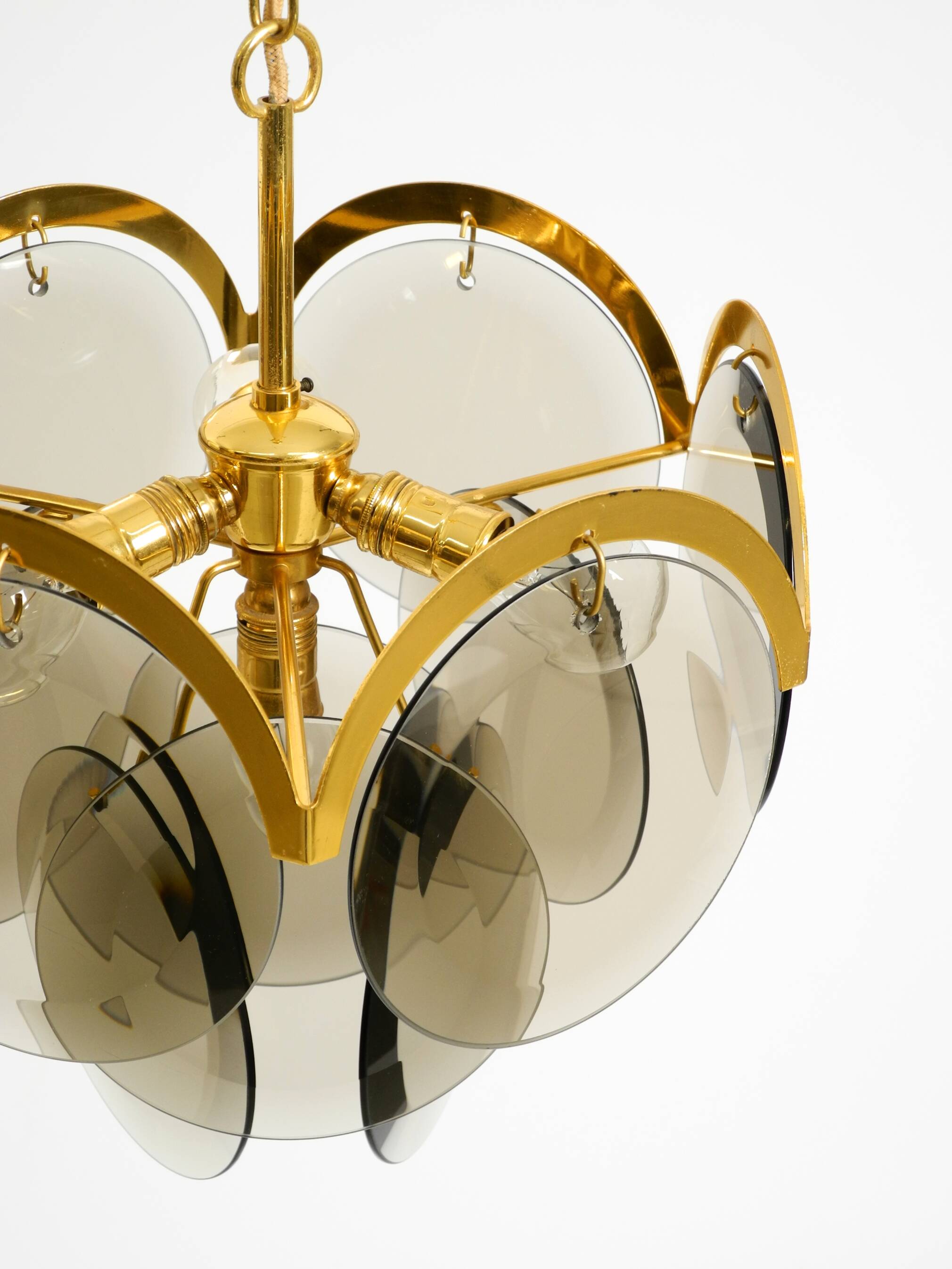 60s large brass ceiling chandelier with large round glass plates