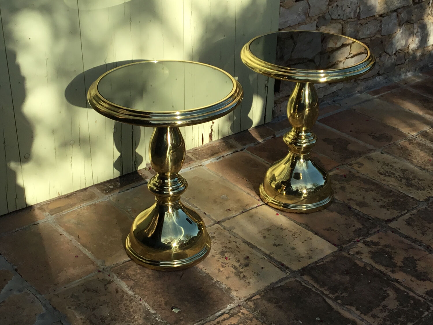 Pair of coffee tables gilded metal smoked glass top
