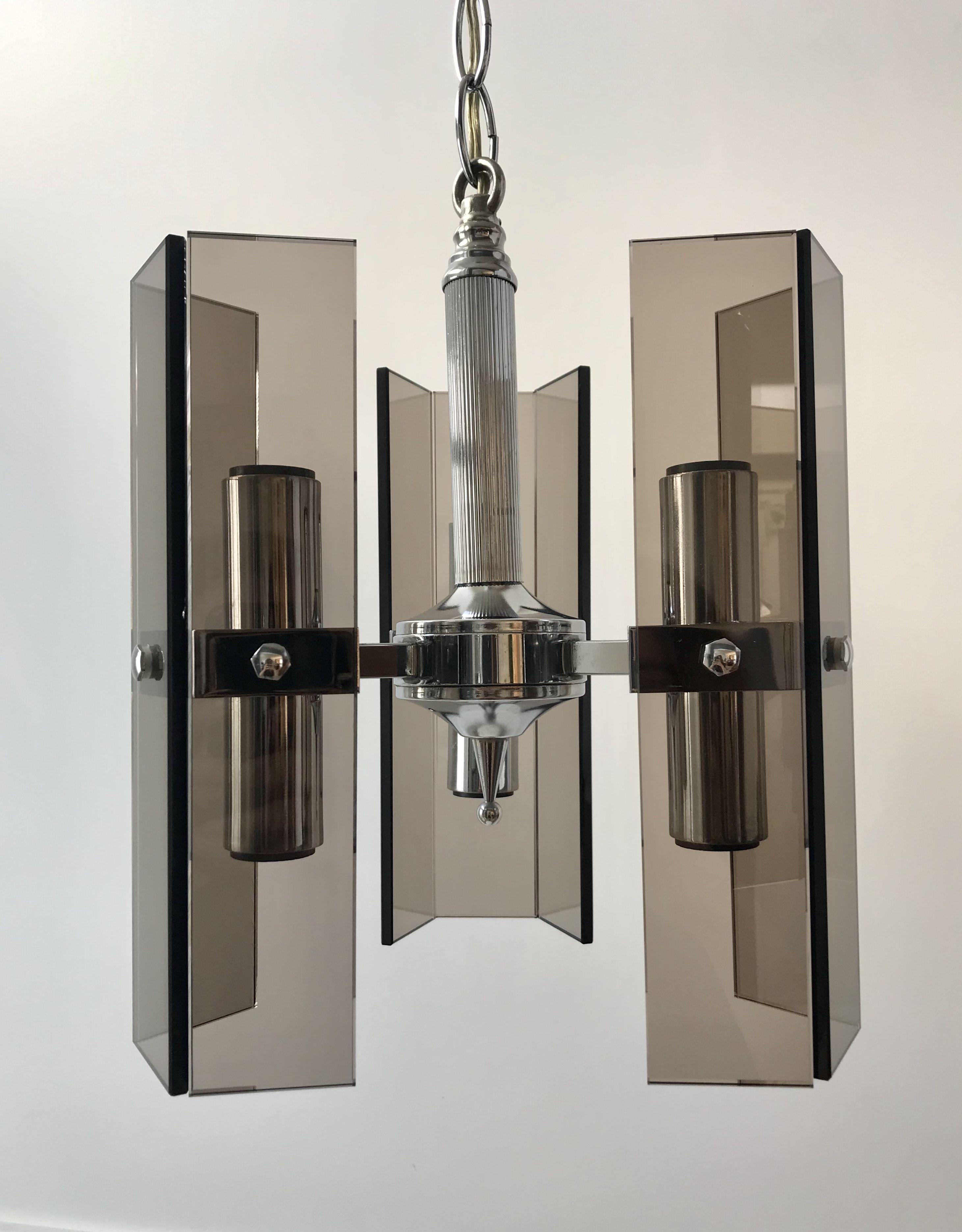 Chrome metal pendant lamp and smoked glass futuristic style 70s