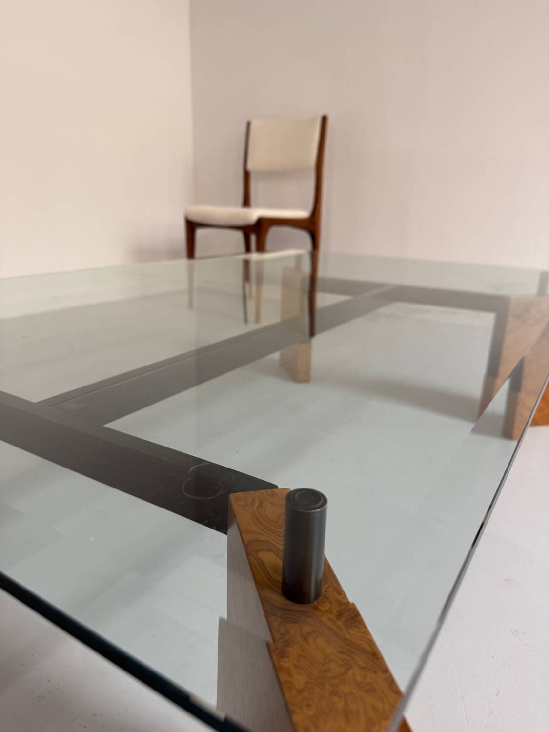 Old coffee table in glass and magnifying glass, French design Paul Michel, year 70