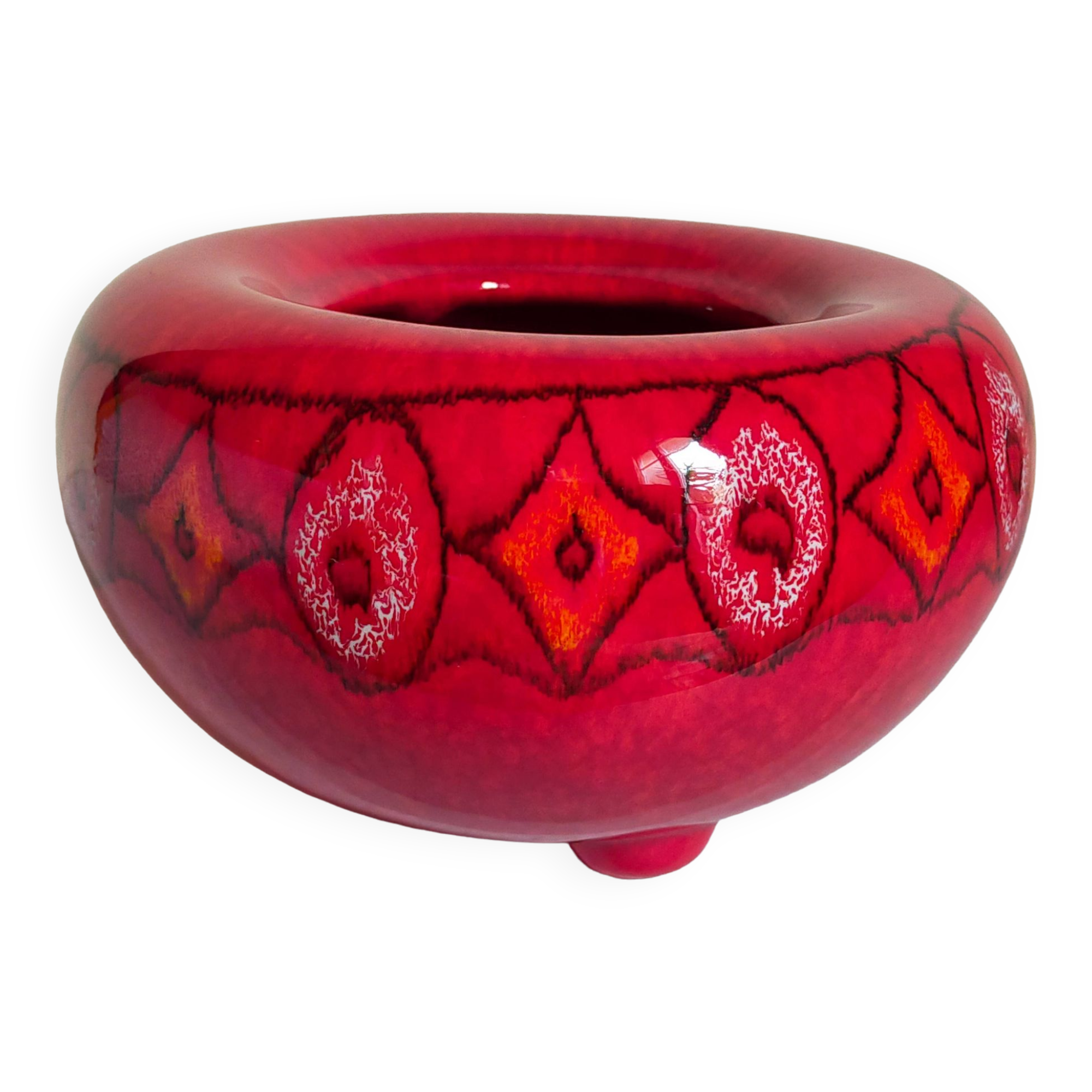 Vintage bright red enamel ceramic tripod vase