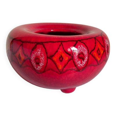 Vase tripode céramique à l'émail rouge vif vintage