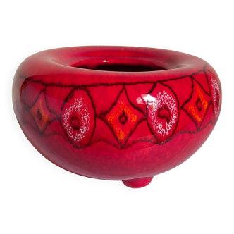 Vintage bright red enamel ceramic tripod vase