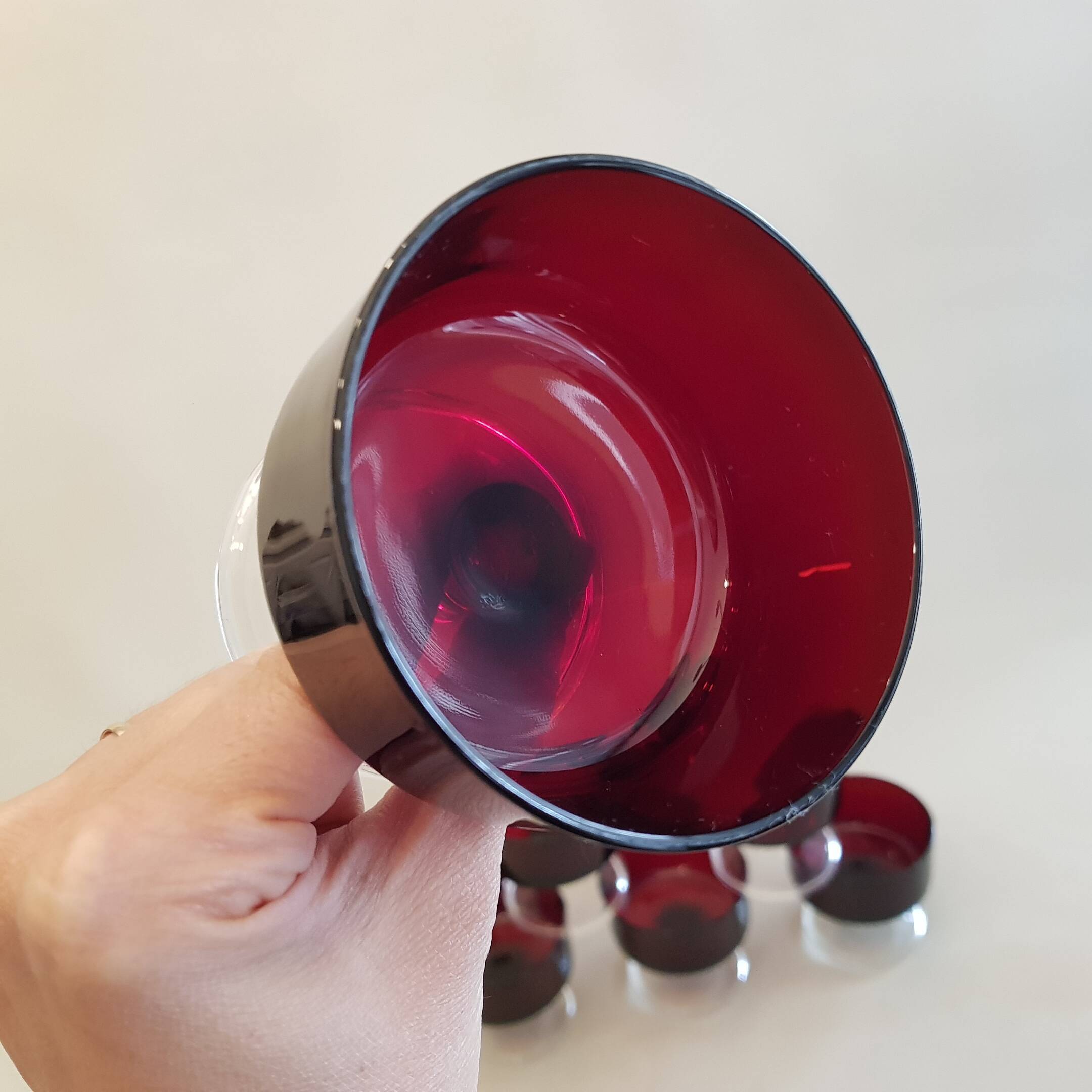 6 Swedish Luminarc glass cut-by-foot vintage red color