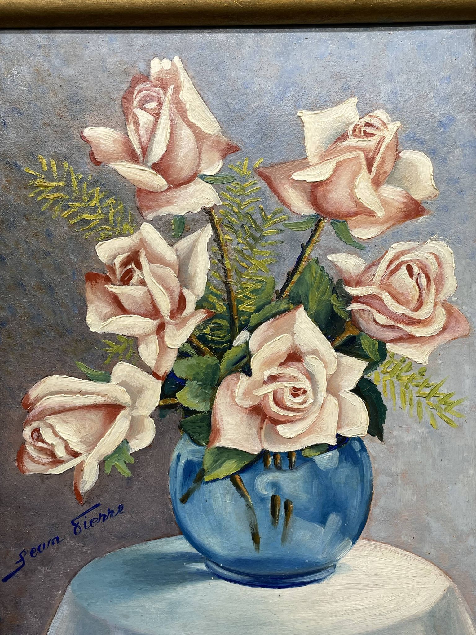 Still life with roses – Signed oil, blue vase, vintage gold frame