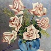 Still life with roses – Signed oil, blue vase, vintage gold frame