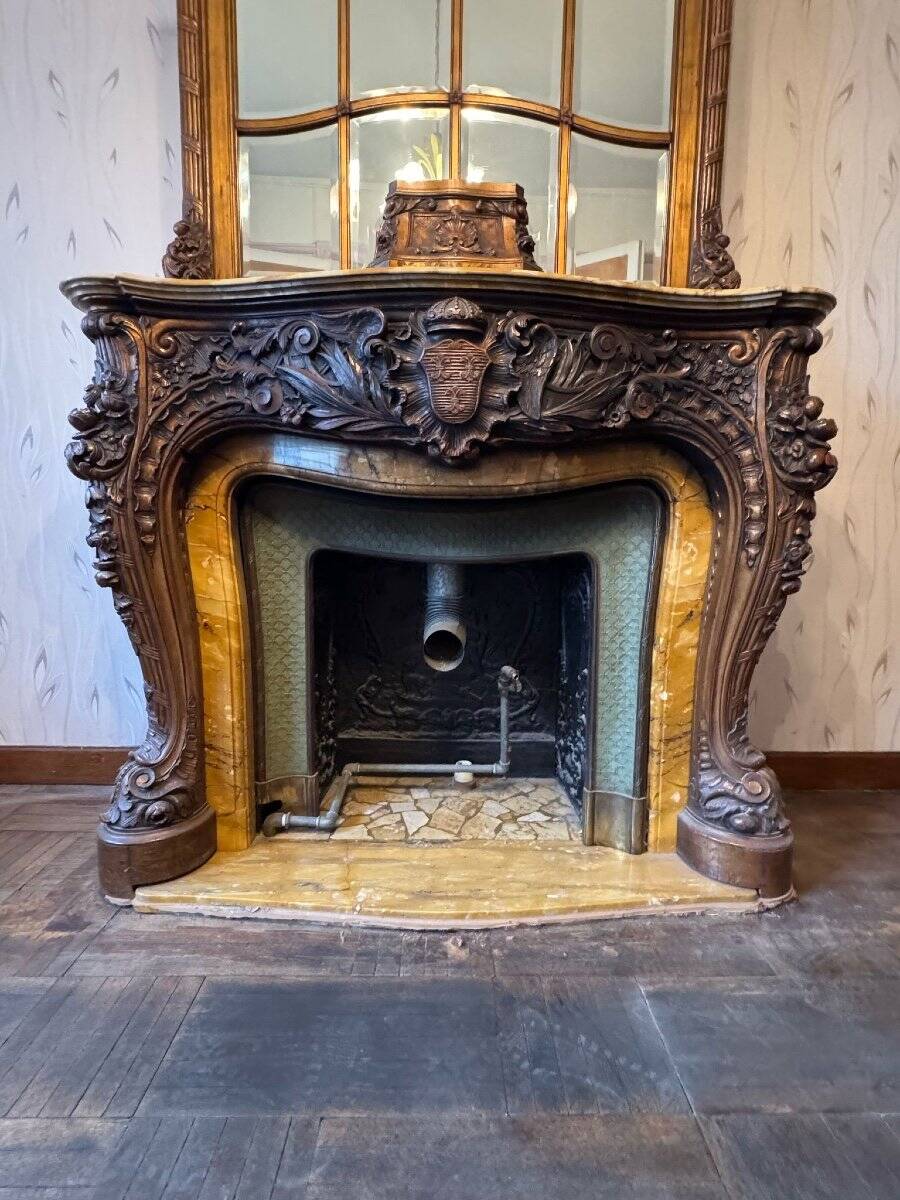 Impressive Fireplace And Its Trumeau In Carved Wood Underlined With Marble