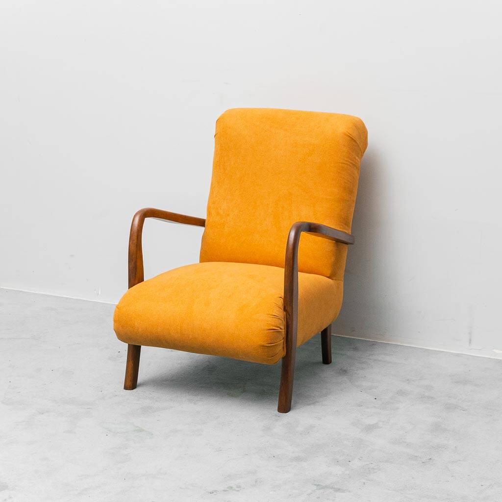 Scandinavian vintage armchair in orange fabric and wood, 1960s modernism