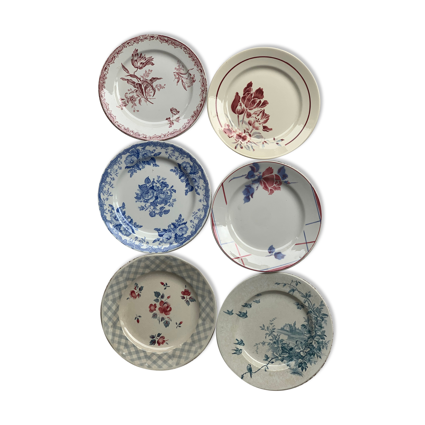 6 Antique earthenware dessert plates, matching patterns