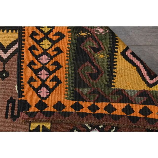 1970s Vintage Turkish Handmade Wool & Cotton Brown Runner Rug 178x475
