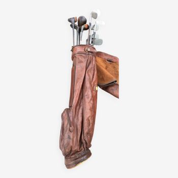 Sac golf cuir avec clubs henry coton en métal années 40-50