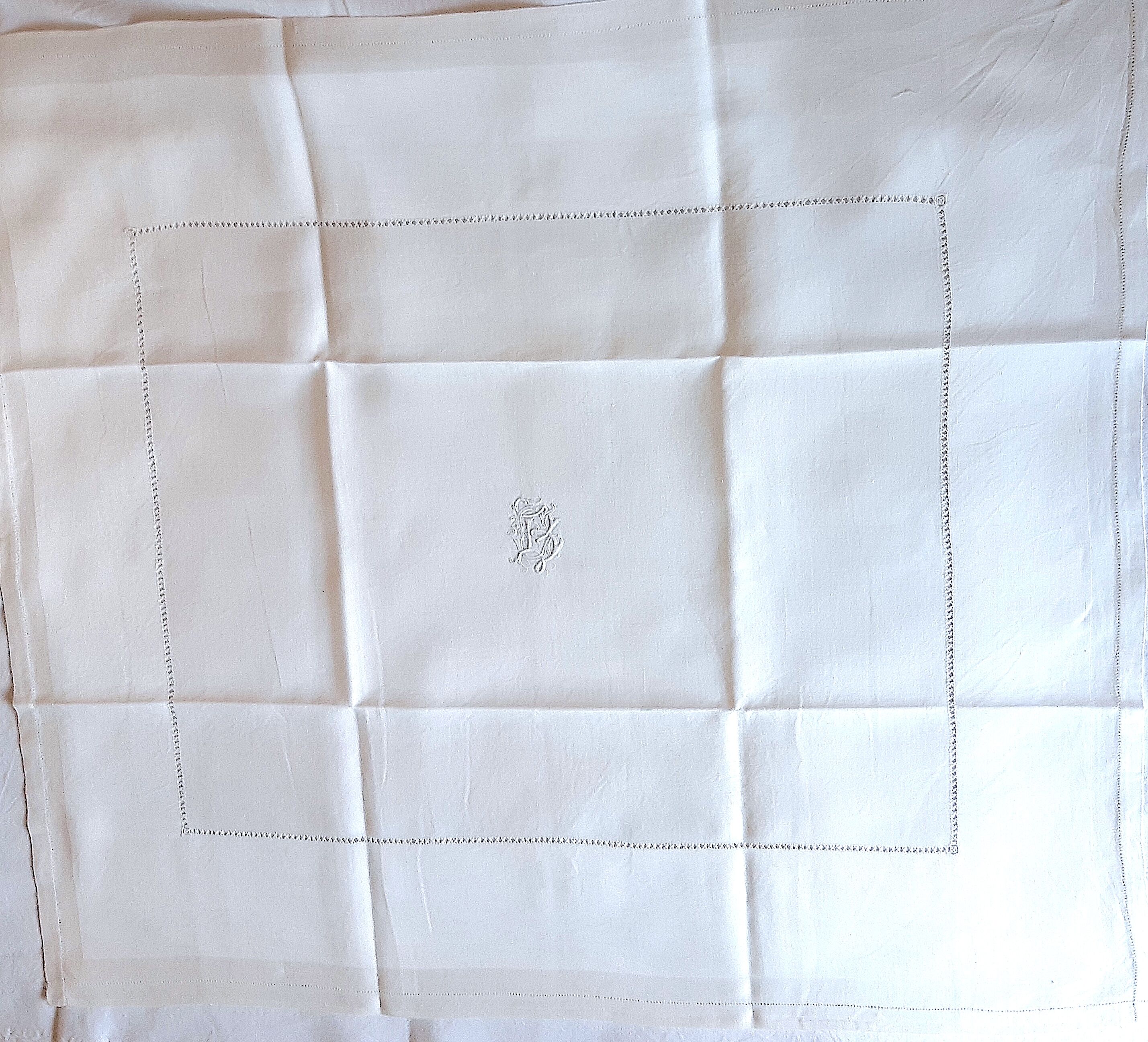 Set of 8 satin damask tablecloths, 19th, monogrammed "BG"