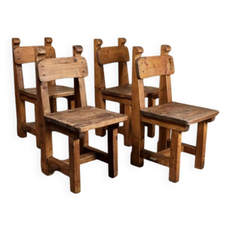 Set of 4 brutalist pine chairs, Italy, 1960s