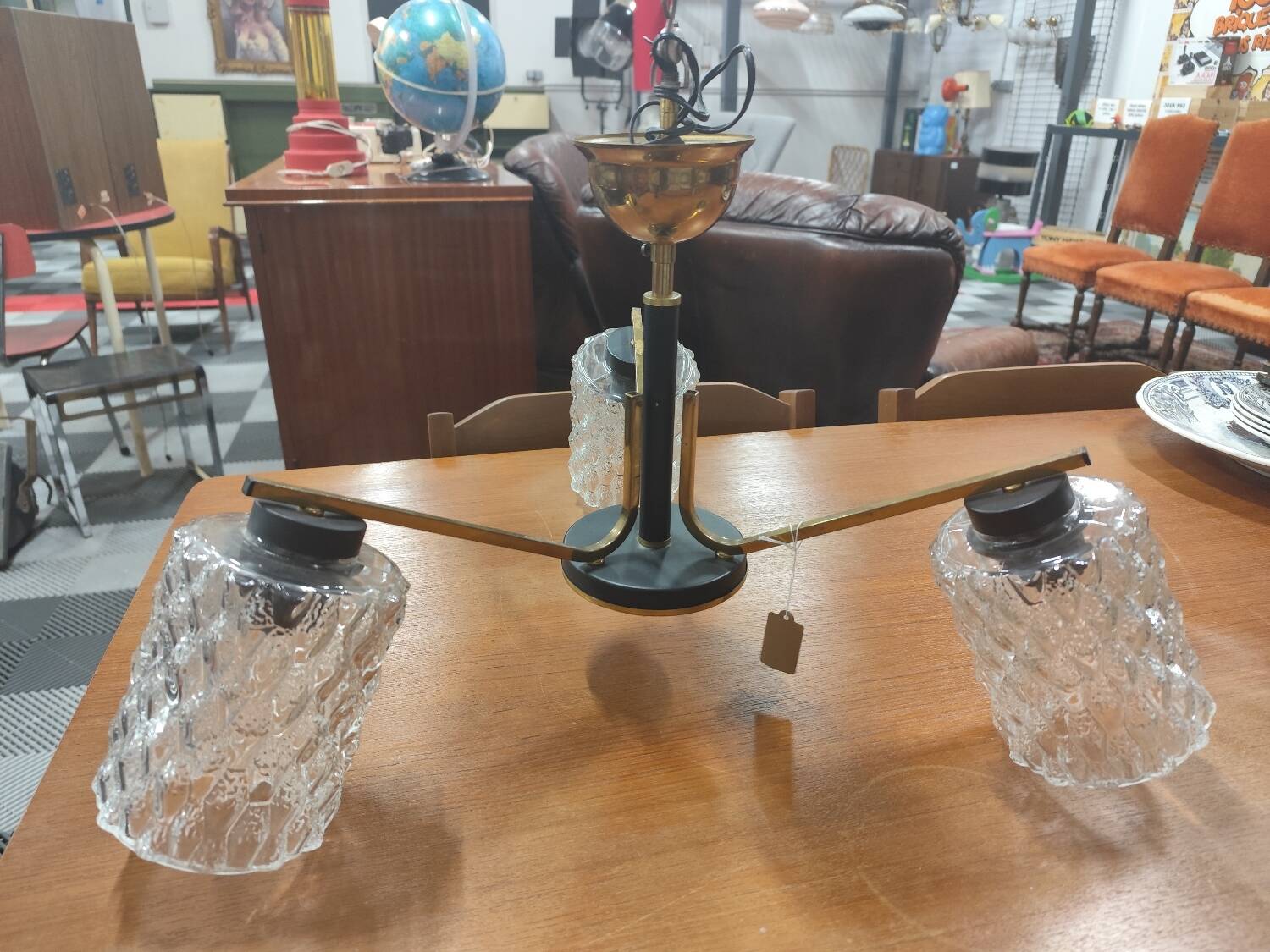 Vintage 70s chandelier with 3 clear glass globes