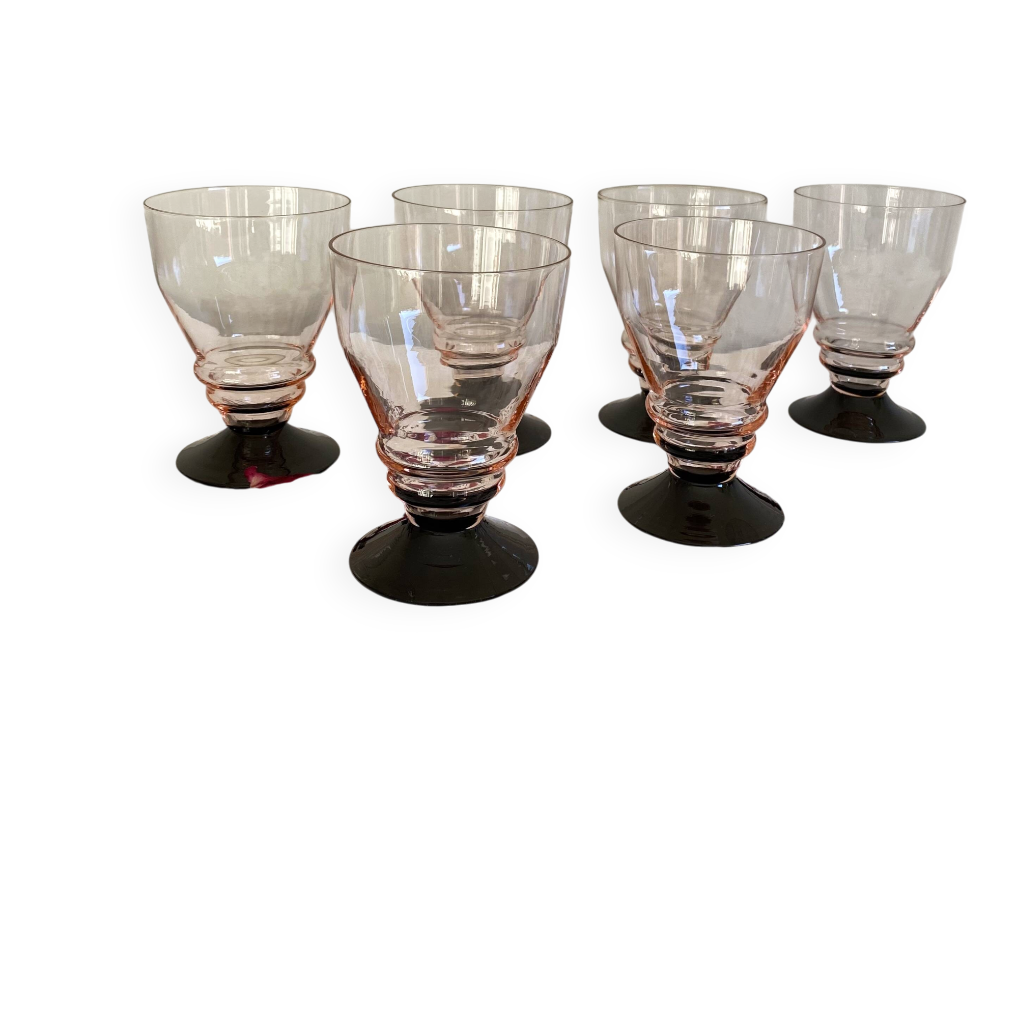 6 large pink art deco wine or water glasses with black stem