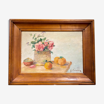 Old painting, still life with roses and oranges, signed circa 1950.