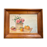Old painting, still life with roses and oranges, signed circa 1950.