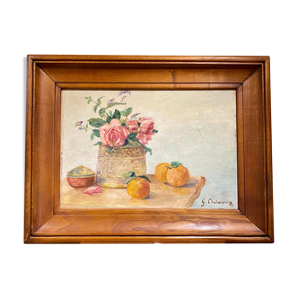Old painting, still life with roses and oranges, signed circa 1950.