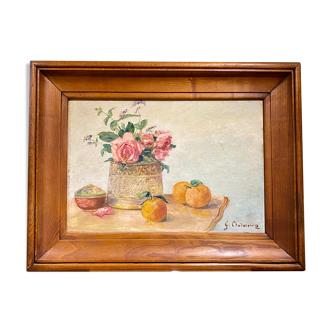 Tableau ancien, nature morte aux roses et oranges,  signée circa 1950