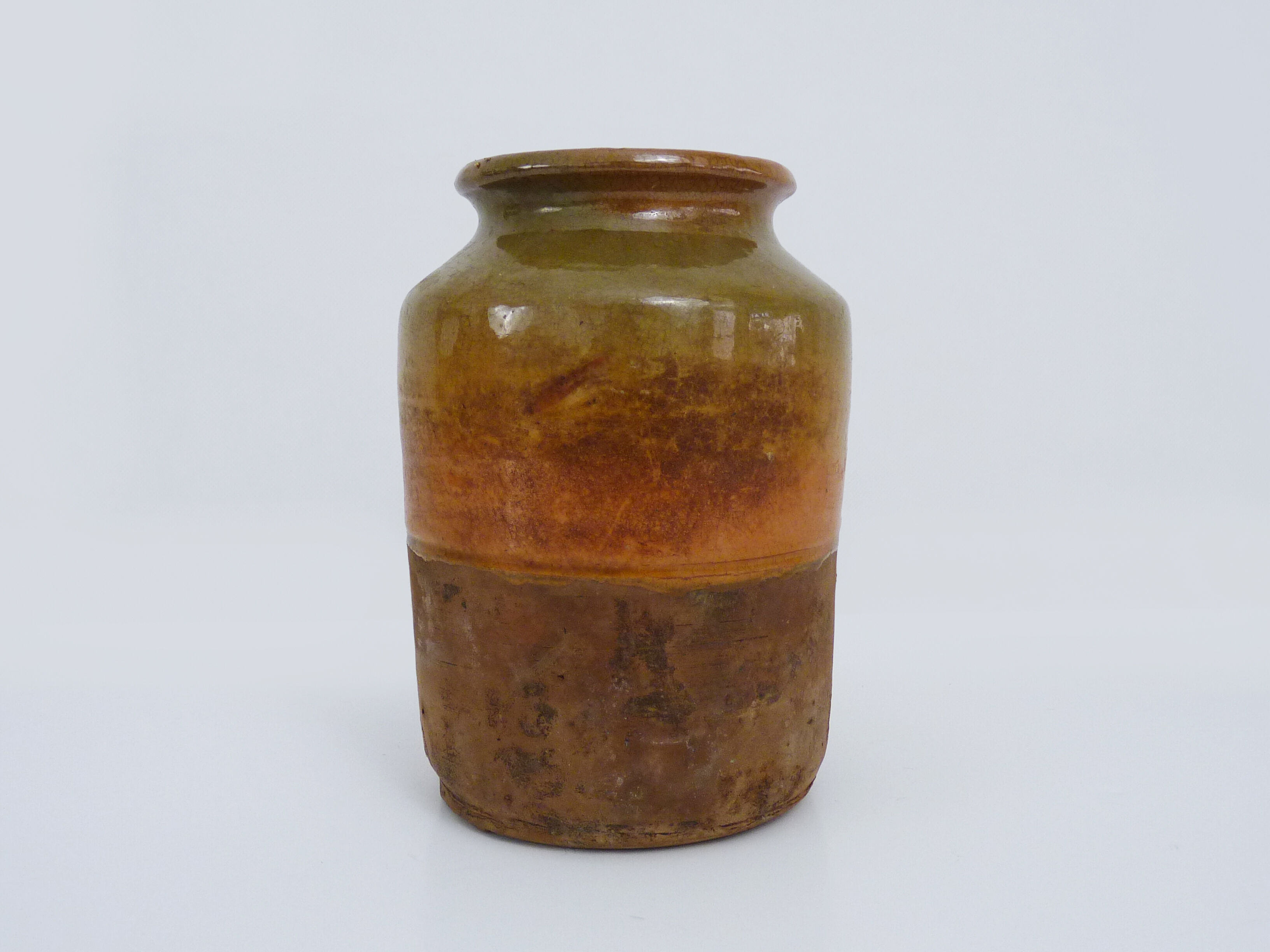 Grease pot in glazed yellow orange terracotta, year 50