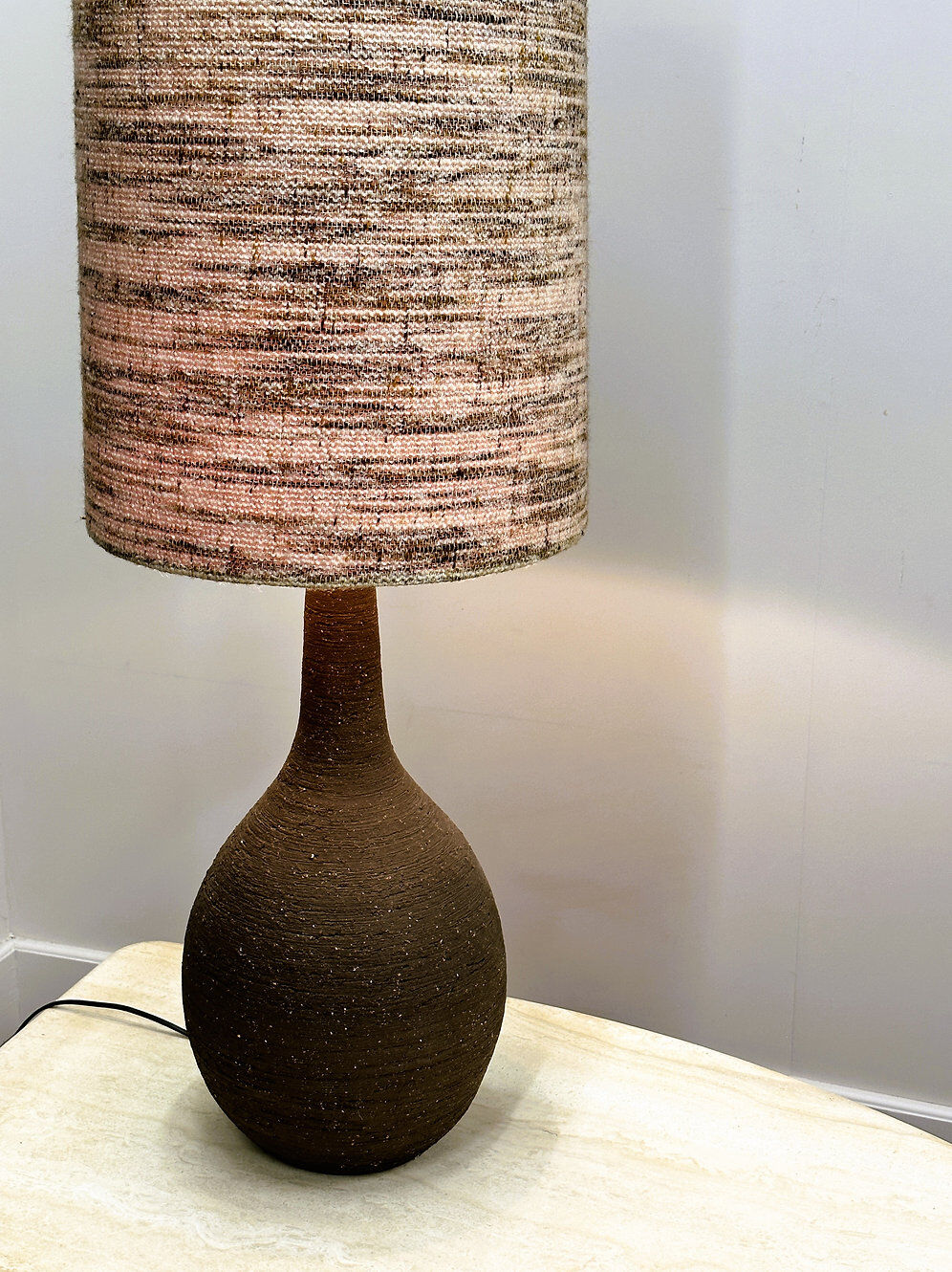 Vintage XL ceramic floor lamp with textured wool shade, 1970s. France