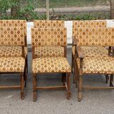 4 Henri II chairs in solid wood and yellow-beige velvet.