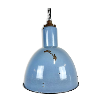 Bauhaus blue enamel industrial pendant lamp, 1950s