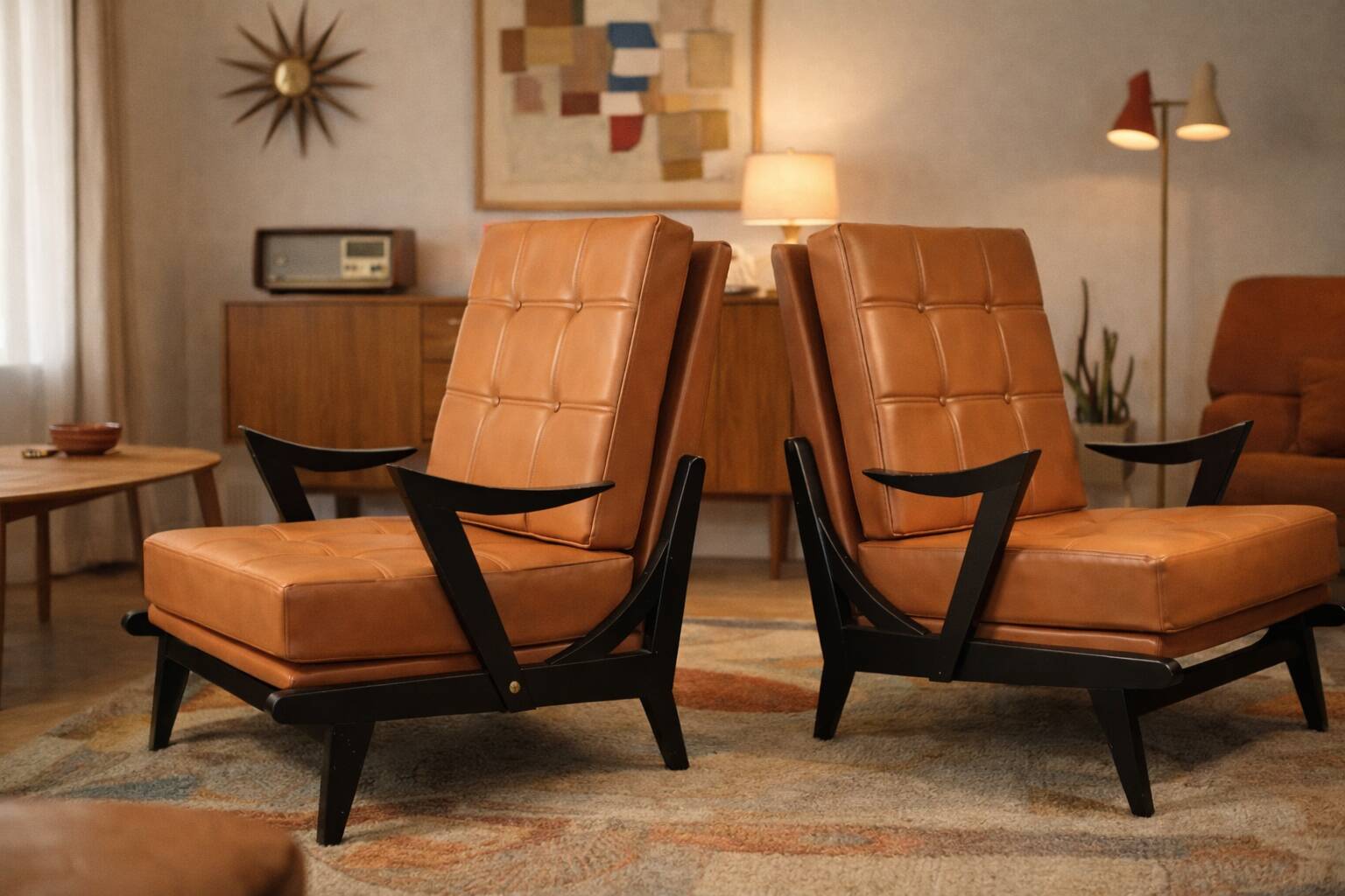 Paire de fauteuils vintage années 50 en bois noir et cuir caramel