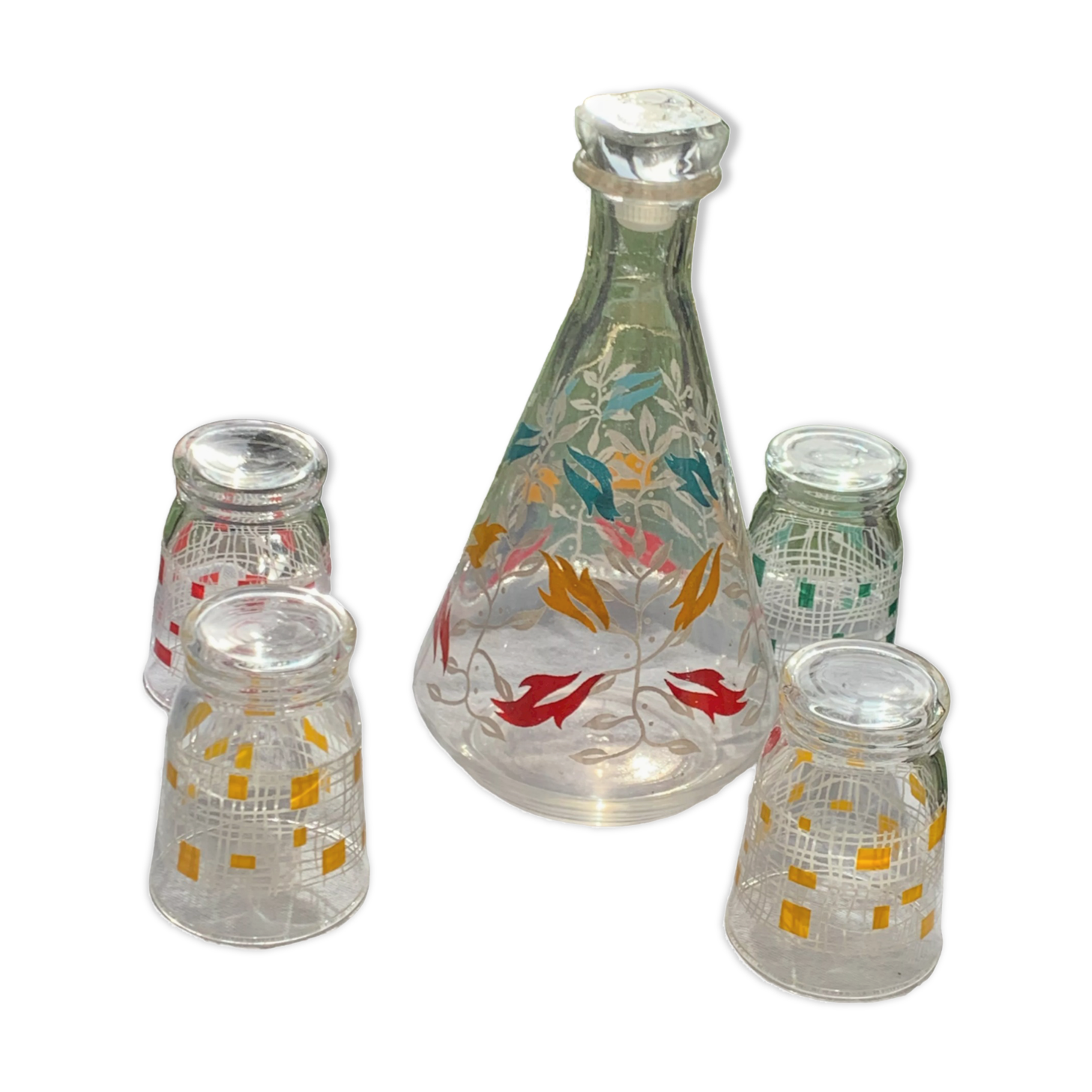 Carafe and 4 glasses with design and vintage patterns 1950/60