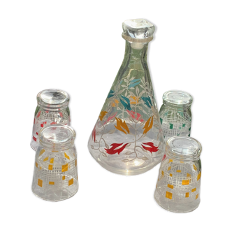 Carafe and 4 glasses with design and vintage patterns 1950/60