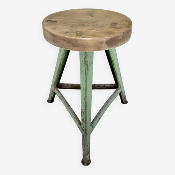 Vintage industrial steel & wood tripod stool, 1950's