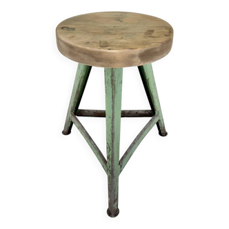 Vintage industrial steel & wood tripod stool, 1950's