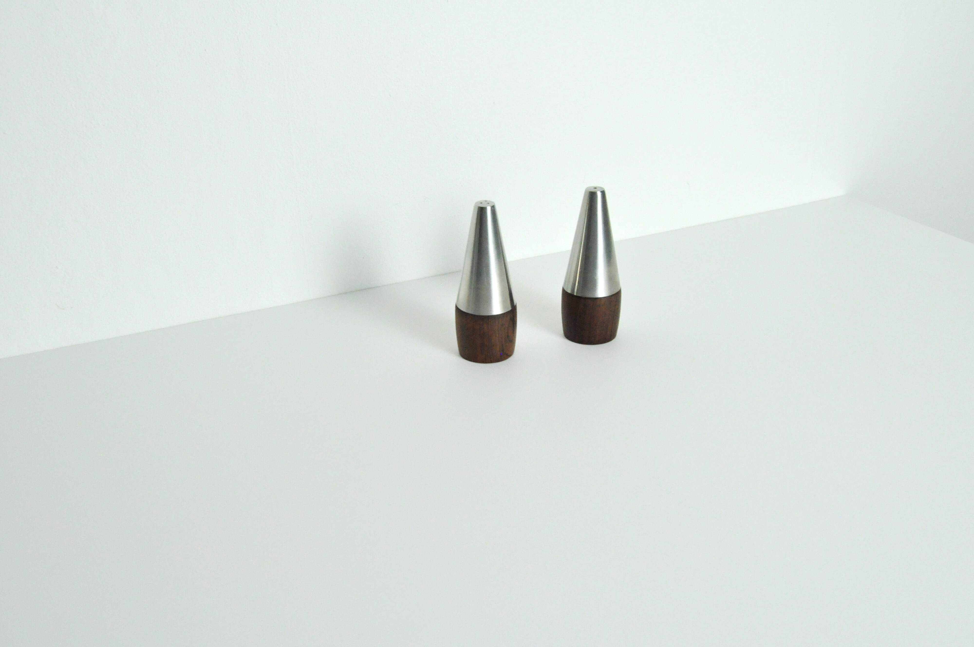 Danish Modern Pair of Rosewood and Stainless Steel Salt and Pepper Shakers