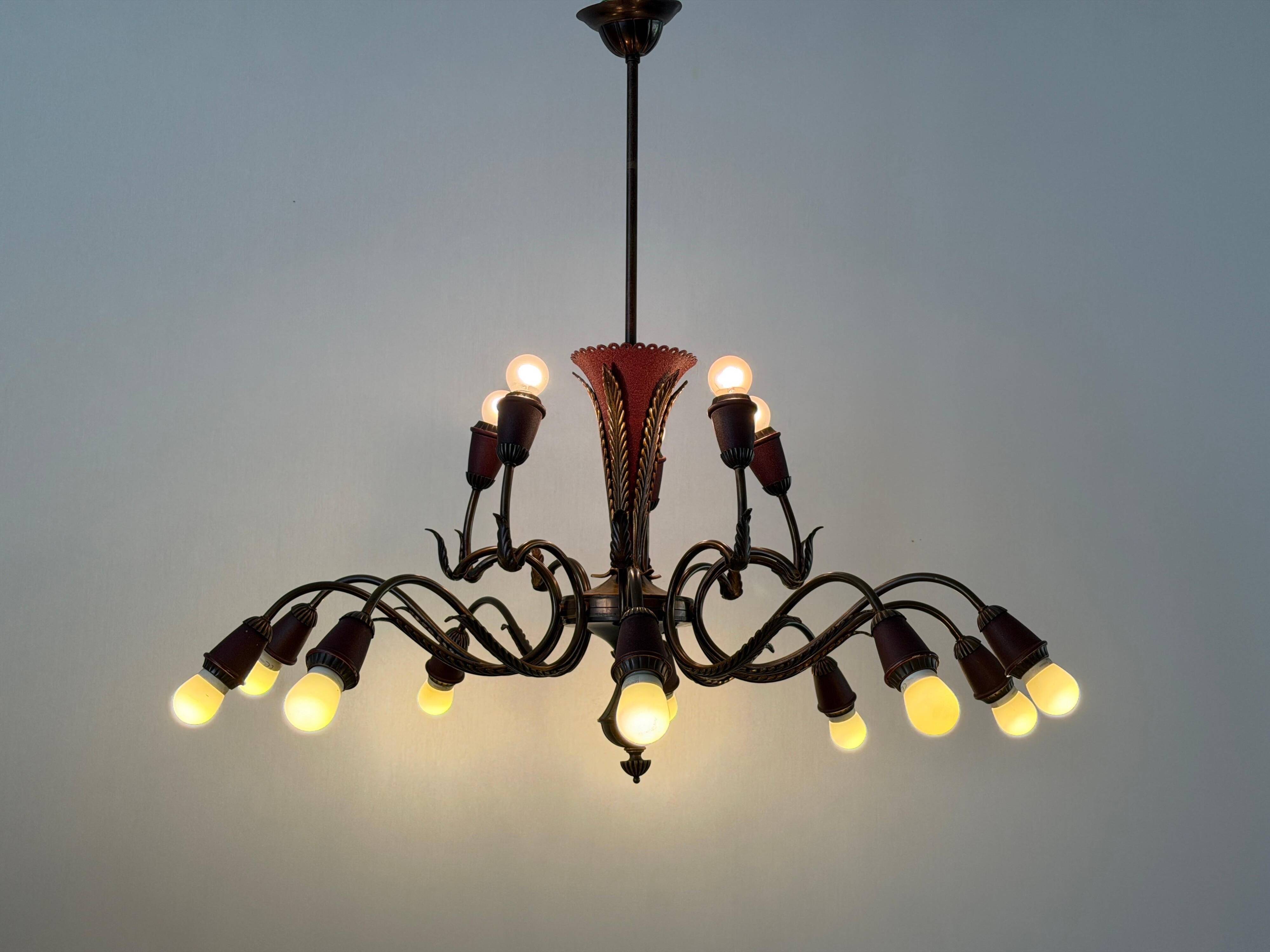 Large Burgundy brass chandelier with 15 arms, 1950, Italy