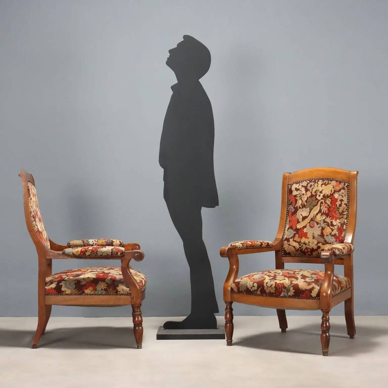 Antique walnut, maple, and fabric armchairs, Italy, late 19th century.