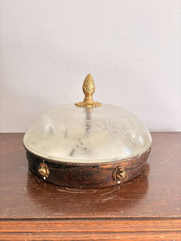 Plafonnier Vasque Néo Classique Verre Givré Directoire Empire Tête Lion
