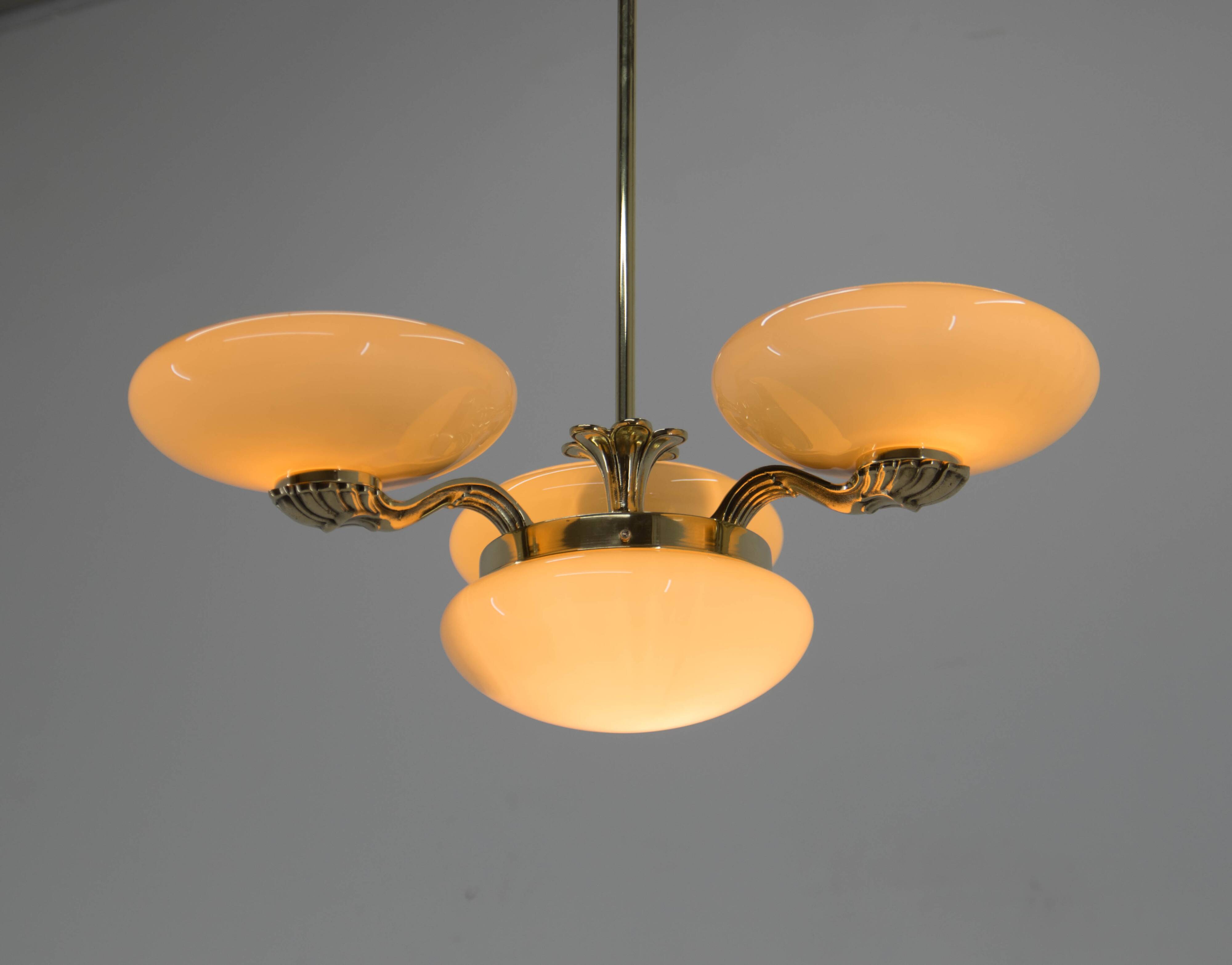 Art Nouveau Brass and Glass Chandelier, 1920s, Perfect Condition